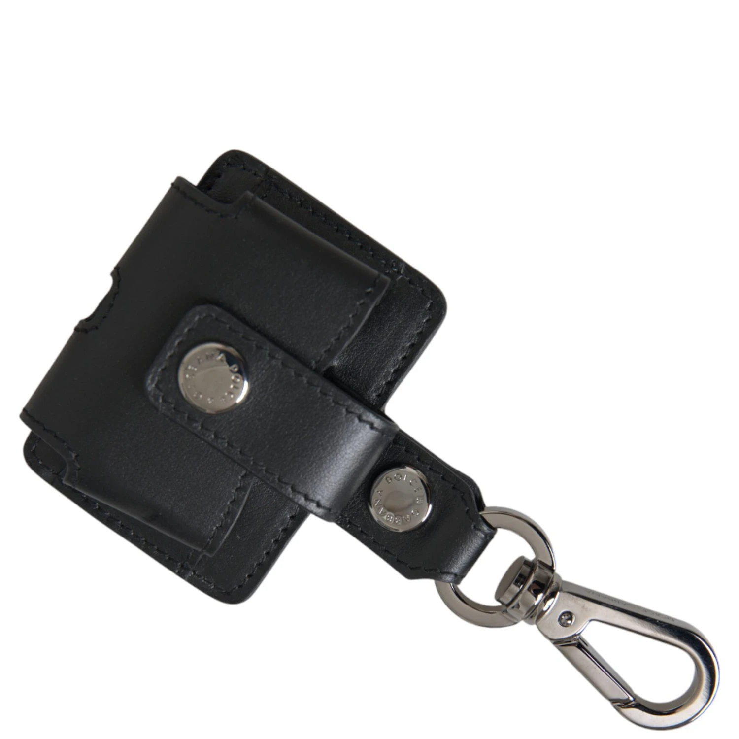 Black Plain Leather Silver Metal Airpods Case