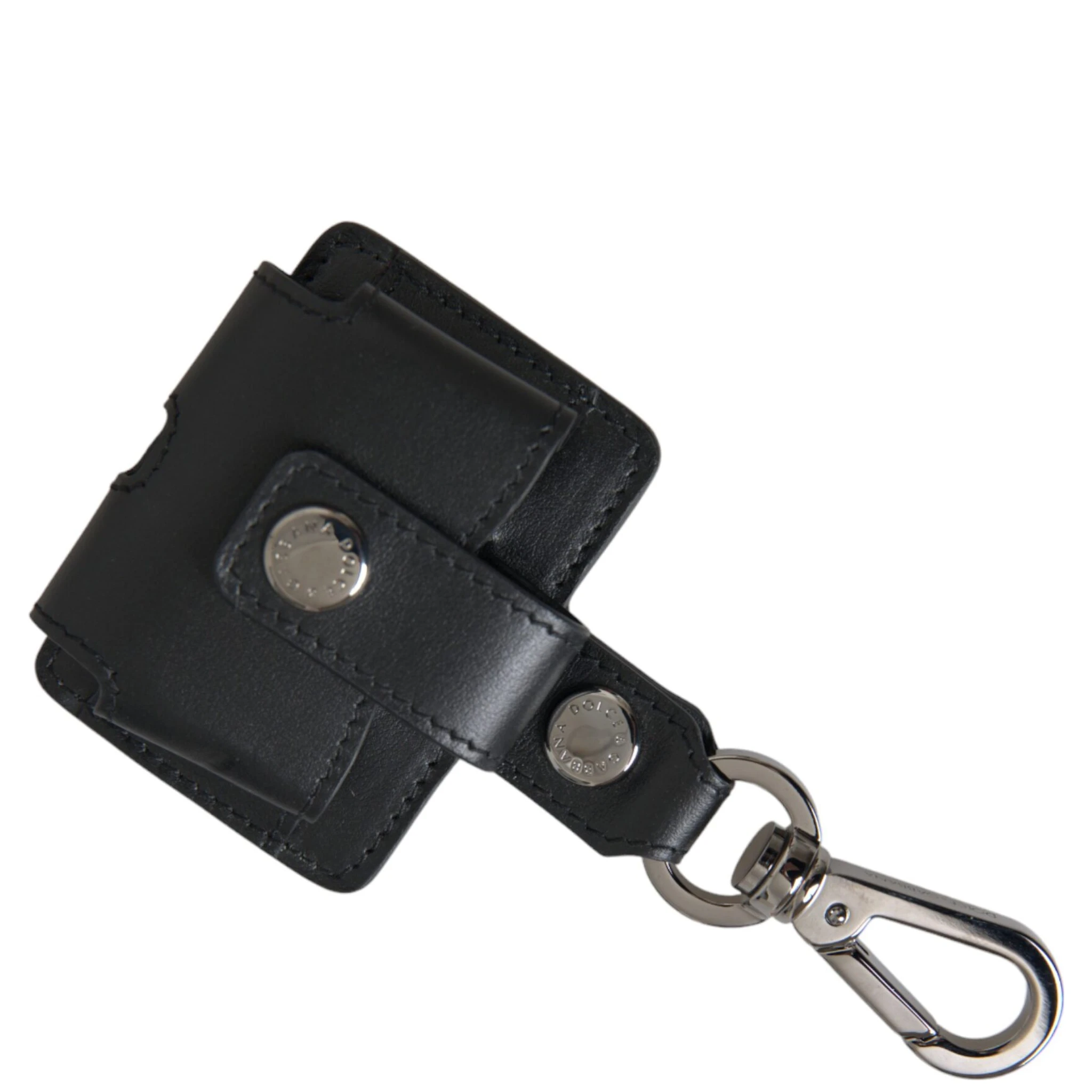 Black Plain Leather Silver Metal Airpods Case