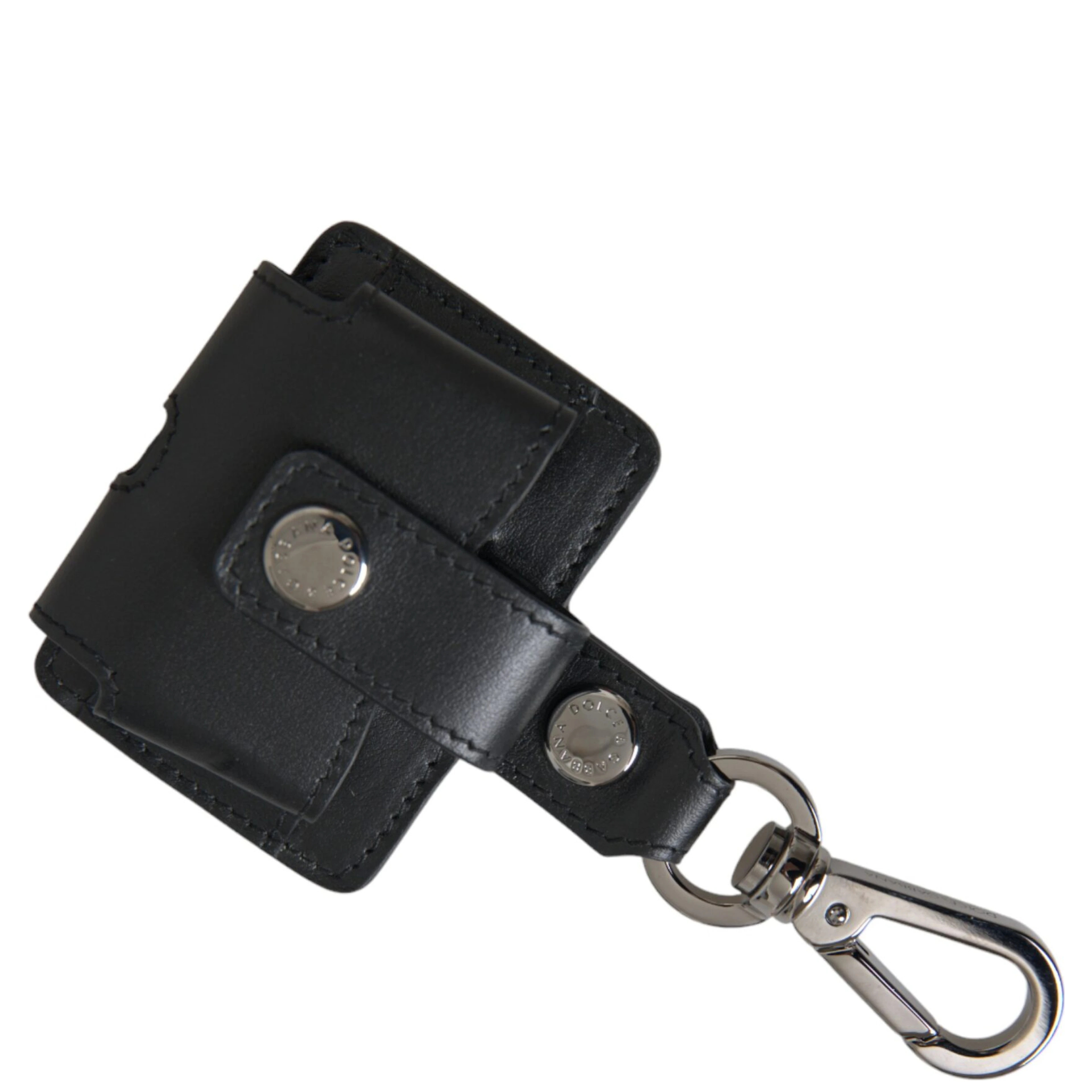 Black Plain Leather Silver Metal Airpods Case