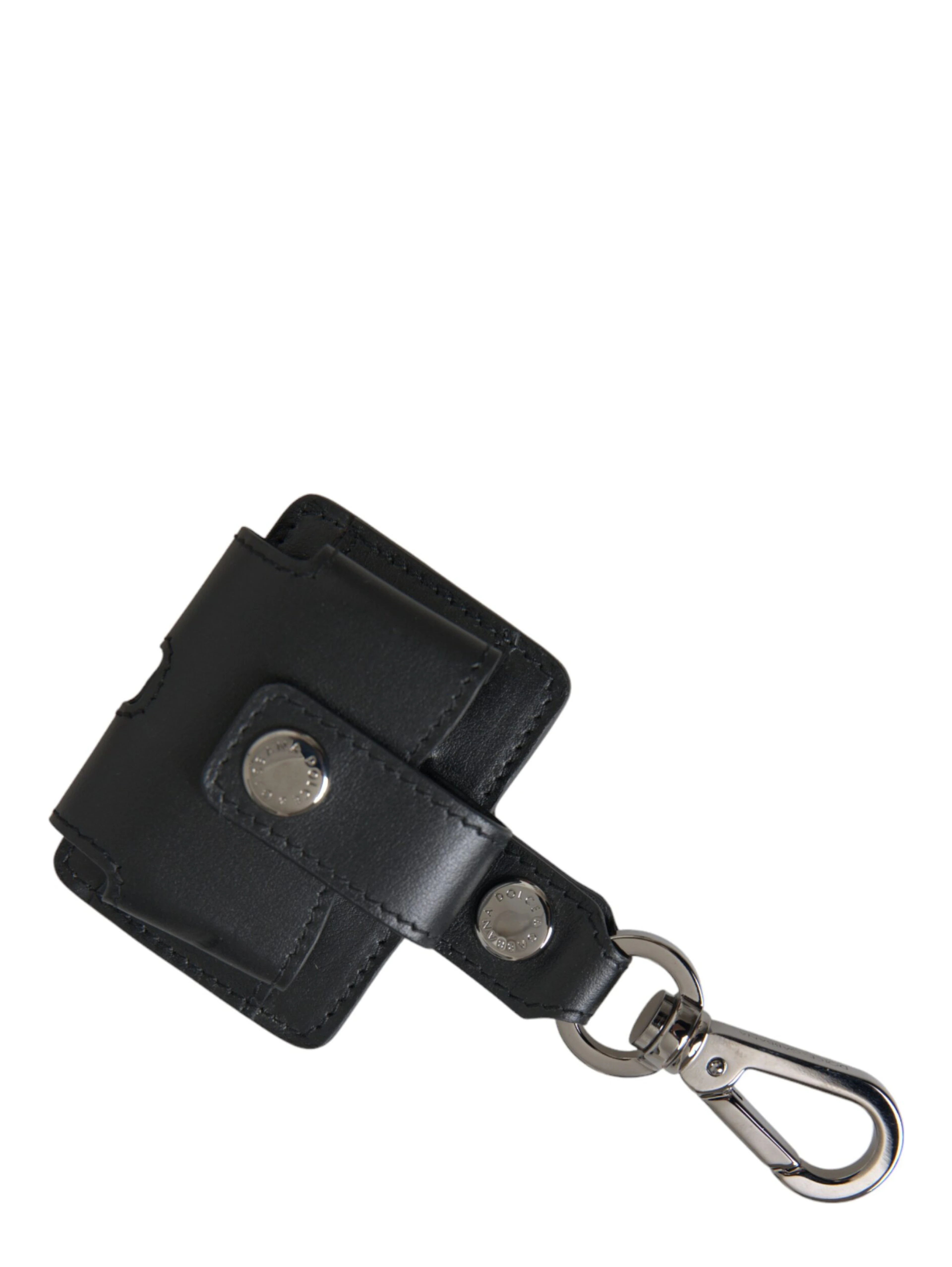 Black Plain Leather Silver Metal Airpods Case