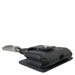Black Plain Leather Silver Metal Airpods Case