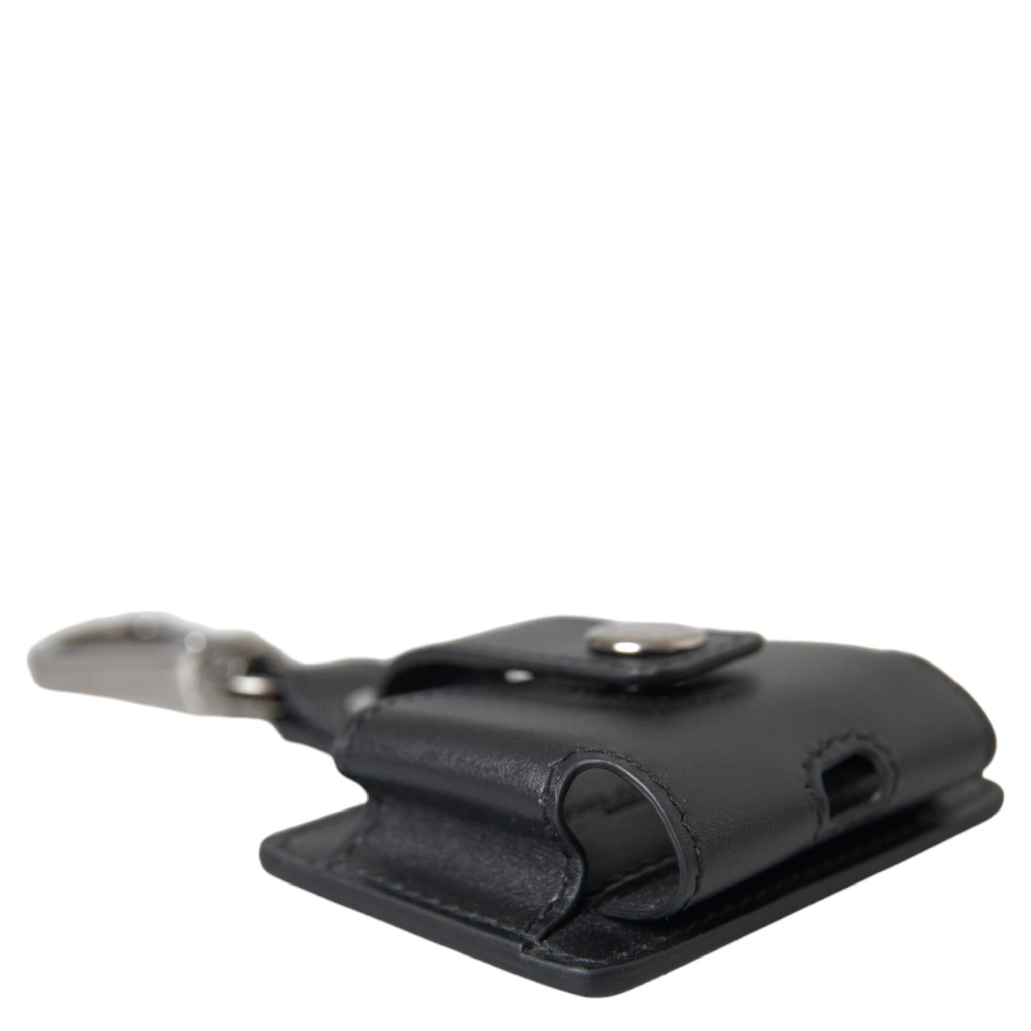 Black Plain Leather Silver Metal Airpods Case