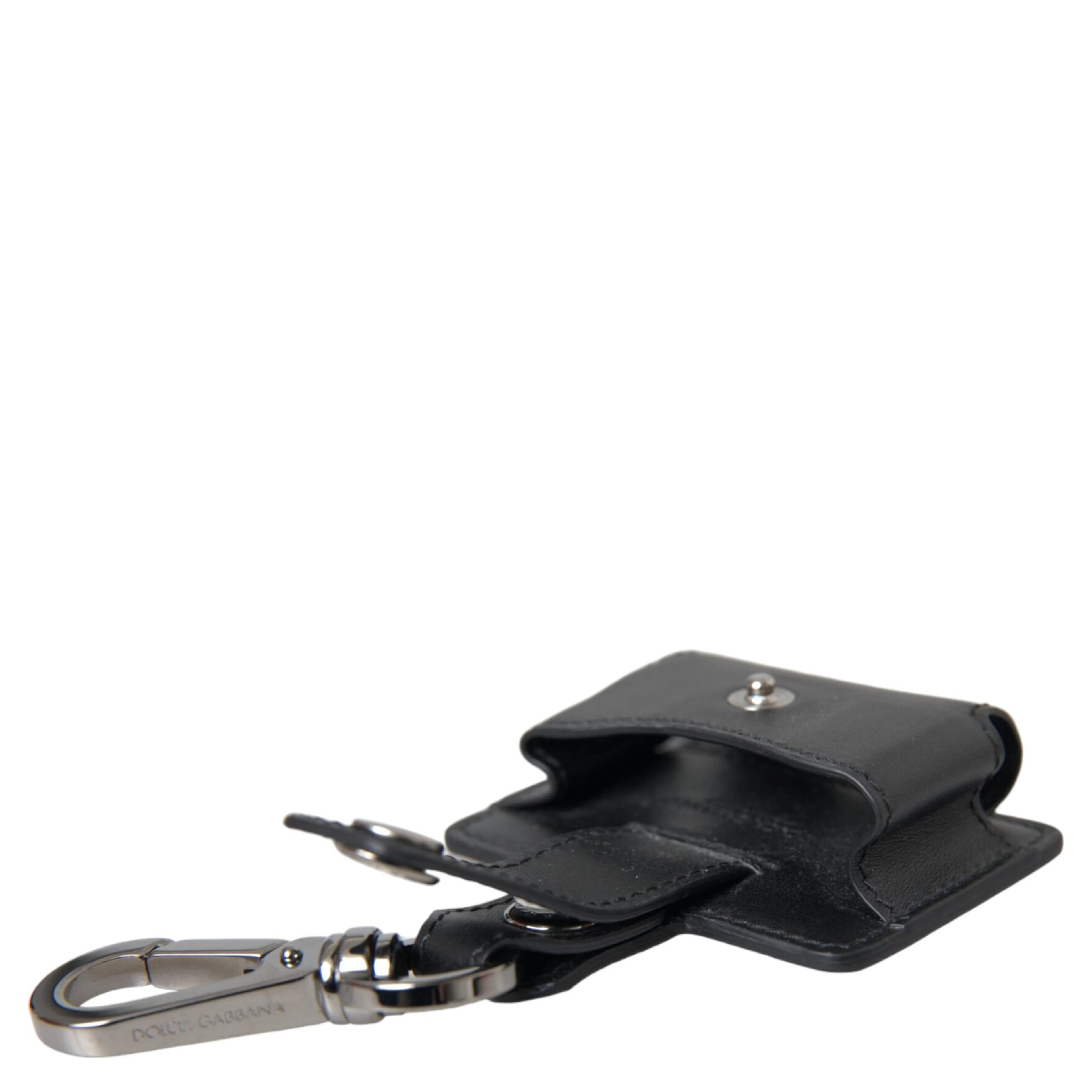 Black Plain Leather Silver Metal Airpods Case