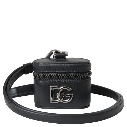 Black DG Logo Leather Silver Metal Airpods Case