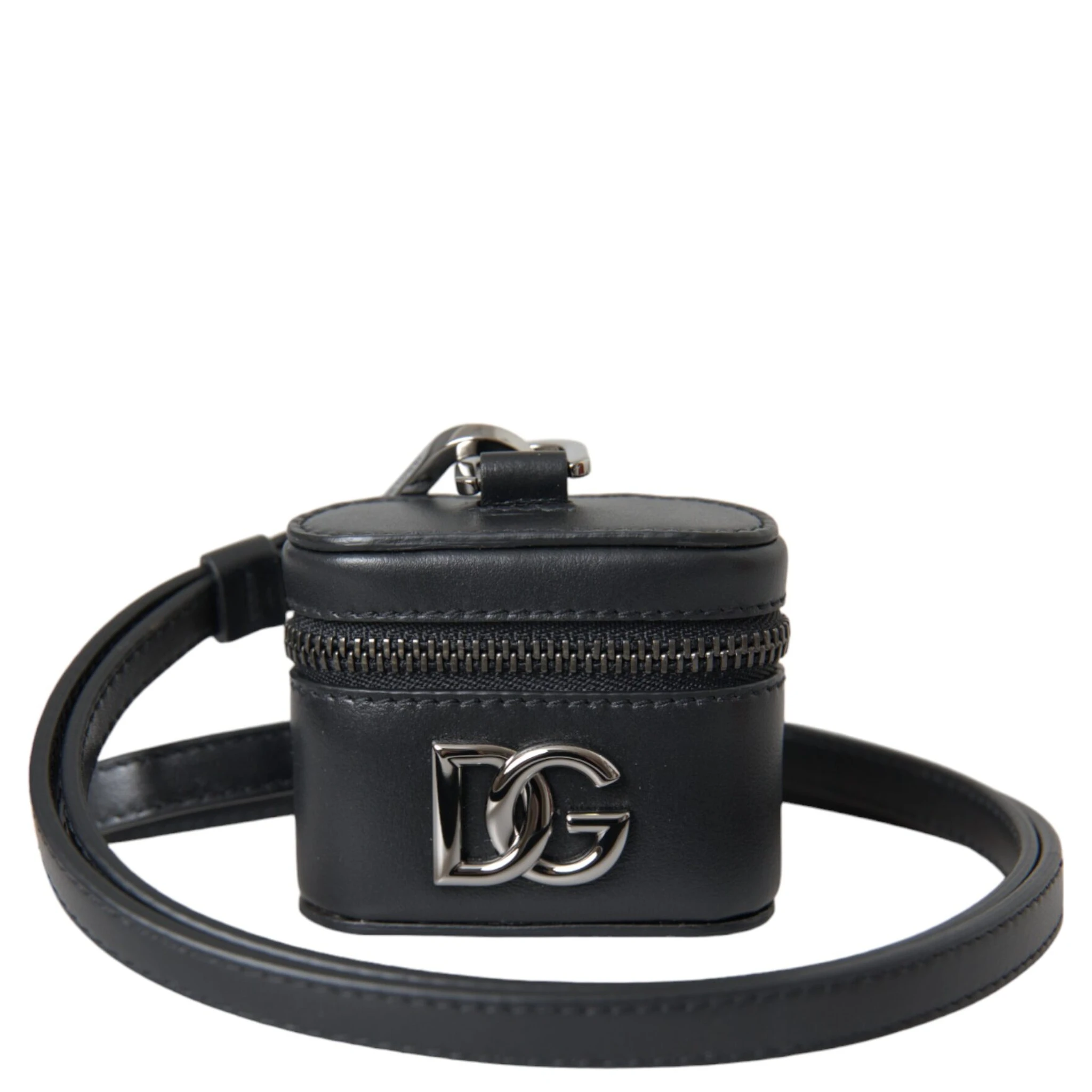 Black DG Logo Leather Silver Metal Airpods Case
