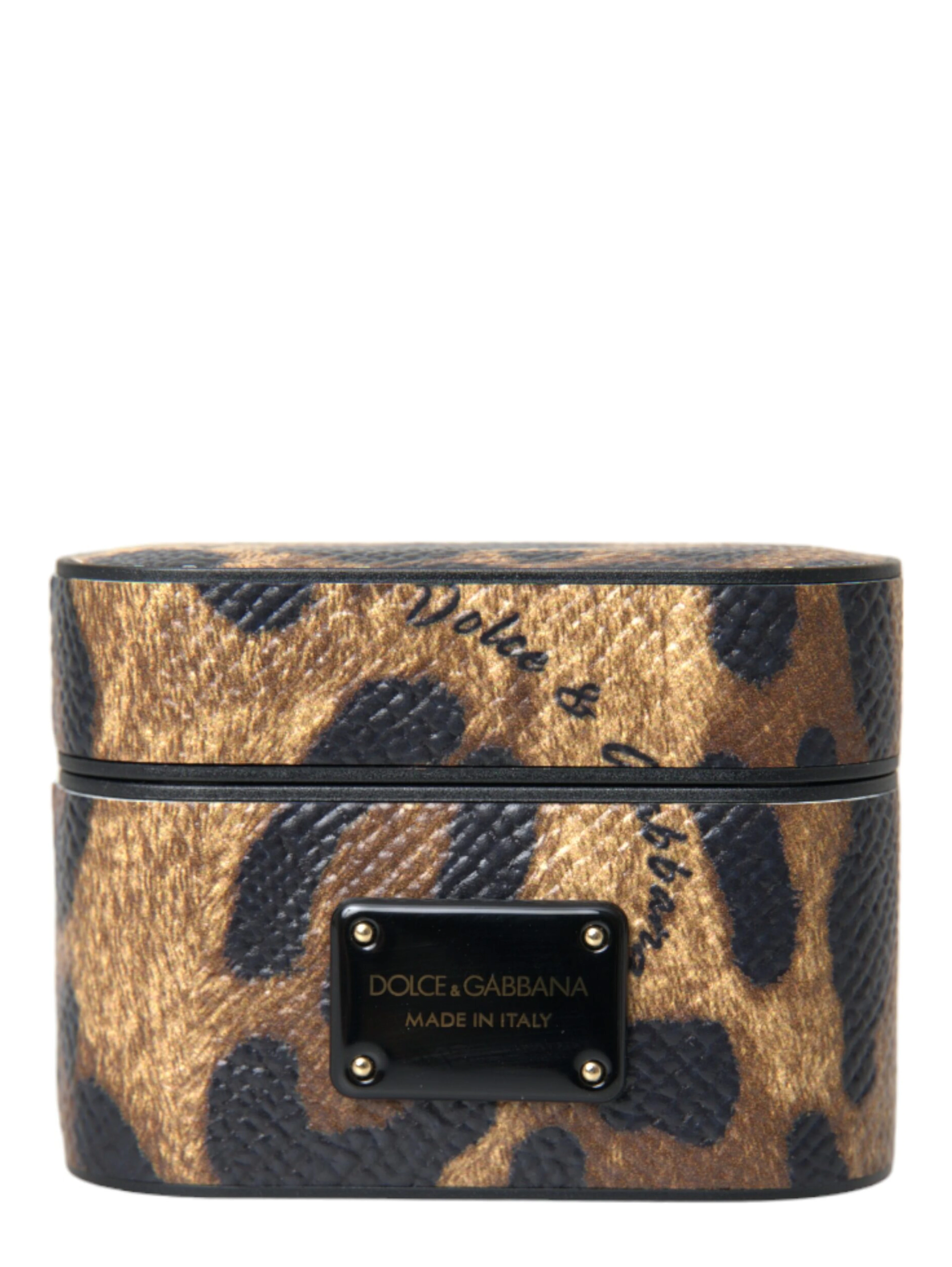 Brown Leopard Calf Leather Metal Logo Plaque Airpods Case