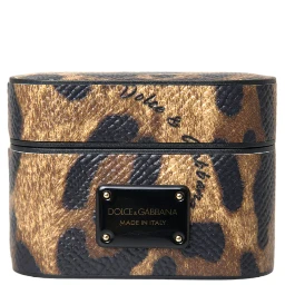 Brown Leopard Calf Leather Metal Logo Plaque Airpods Case