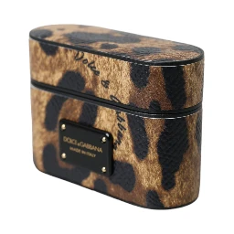 Brown Leopard Calf Leather Metal Logo Plaque Airpods Case