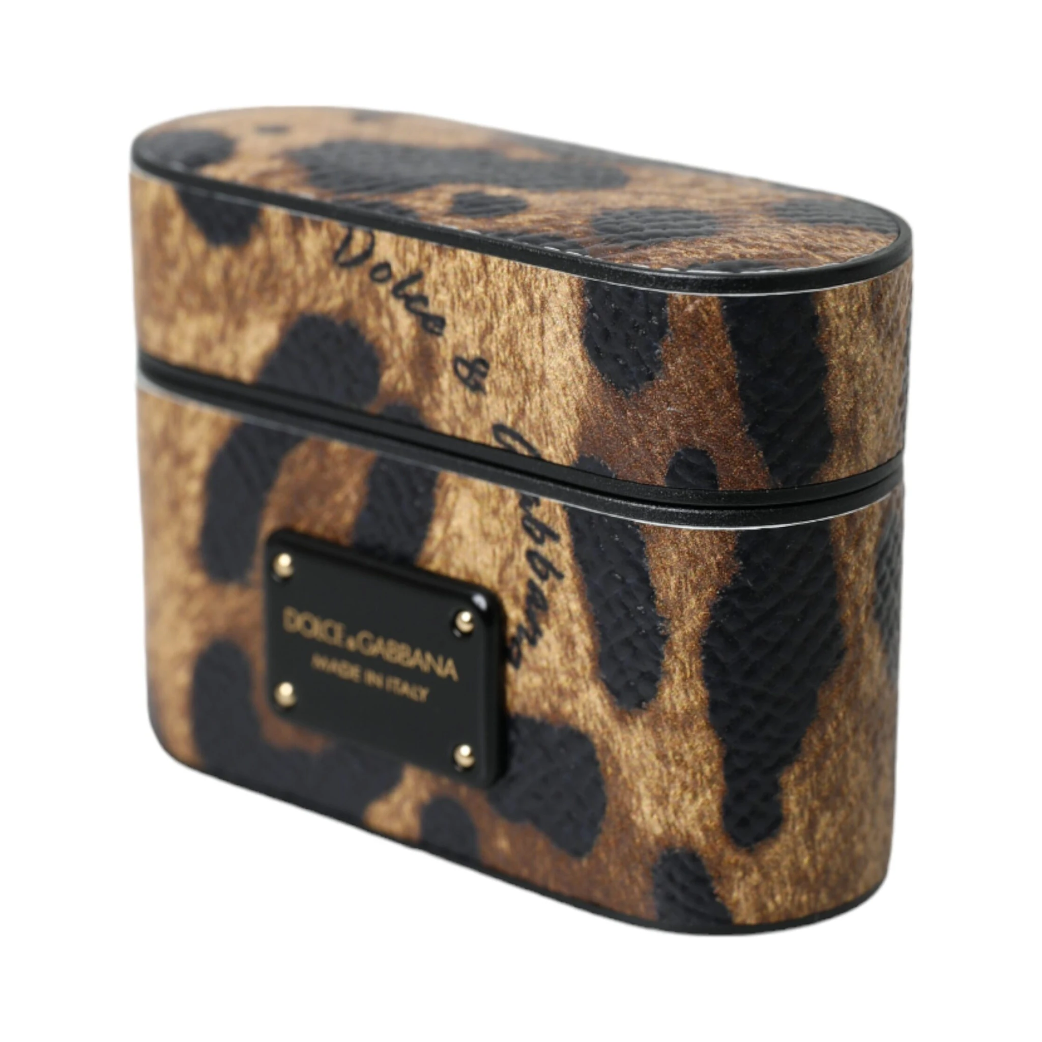 Brown Leopard Calf Leather Metal Logo Plaque Airpods Case