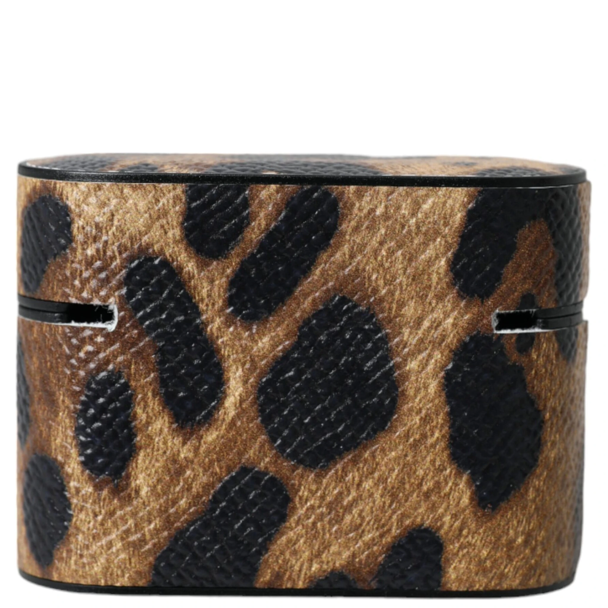 Brown Leopard Calf Leather Metal Logo Plaque Airpods Case
