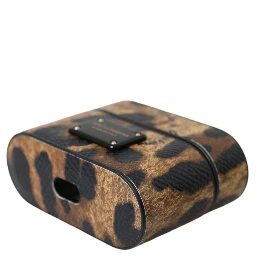 Brown Leopard Calf Leather Metal Logo Plaque Airpods Case