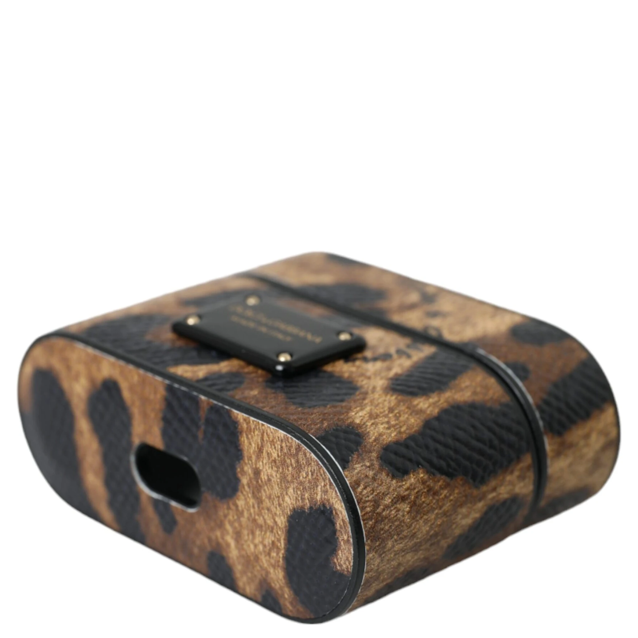 Brown Leopard Calf Leather Metal Logo Plaque Airpods Case