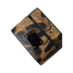 Brown Leopard Calf Leather Metal Logo Plaque Airpods Case