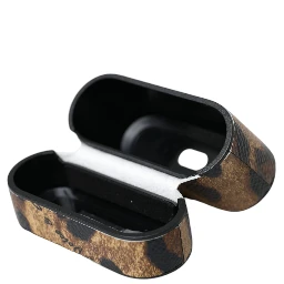 Brown Leopard Calf Leather Metal Logo Plaque Airpods Case