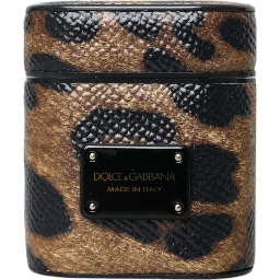 Brown Leopard Calf Leather Metal Logo Plaque Airpods Case