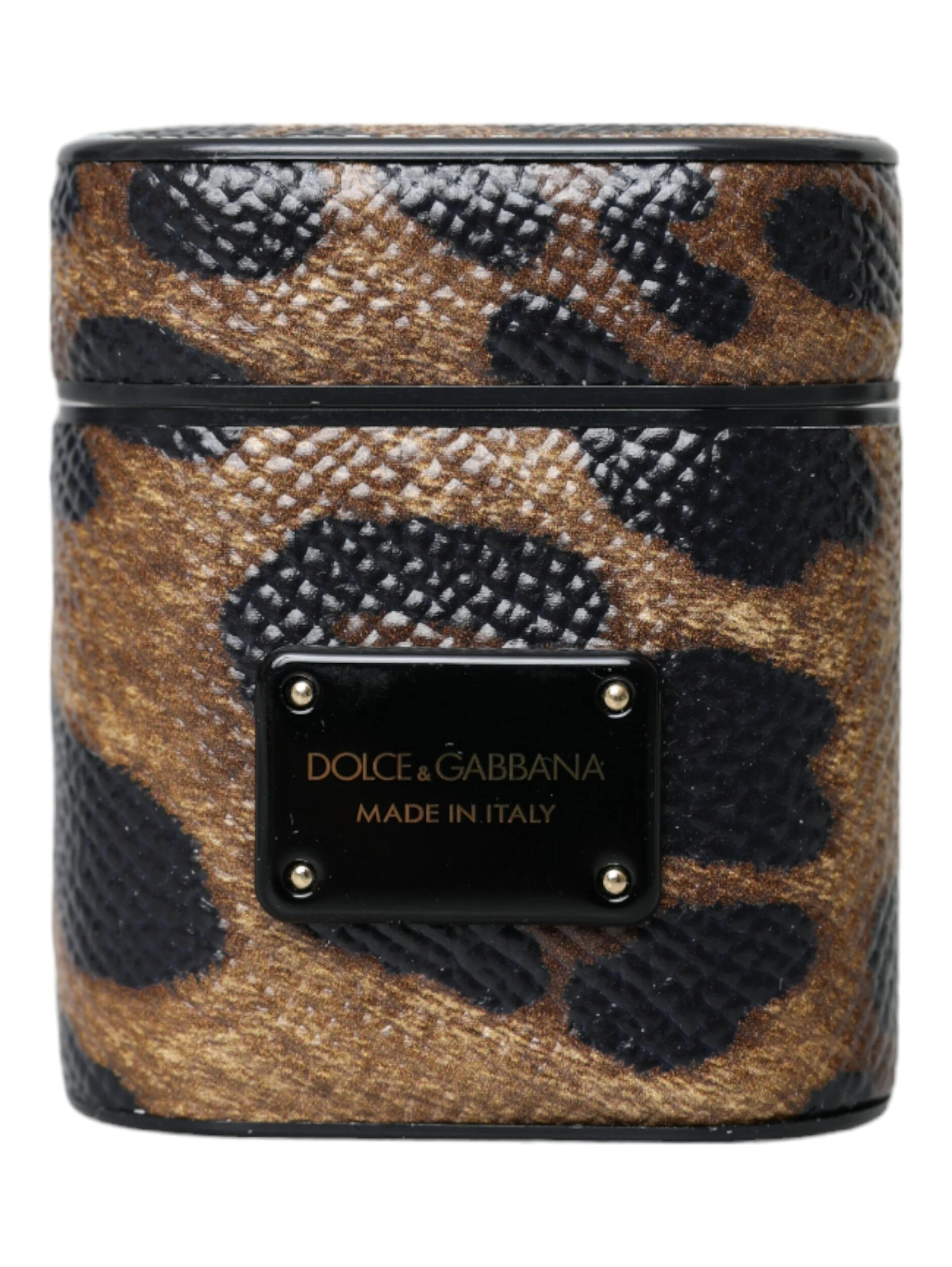 Brown Leopard Calf Leather Metal Logo Plaque Airpods Case