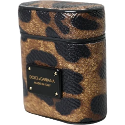 Brown Leopard Calf Leather Metal Logo Plaque Airpods Case