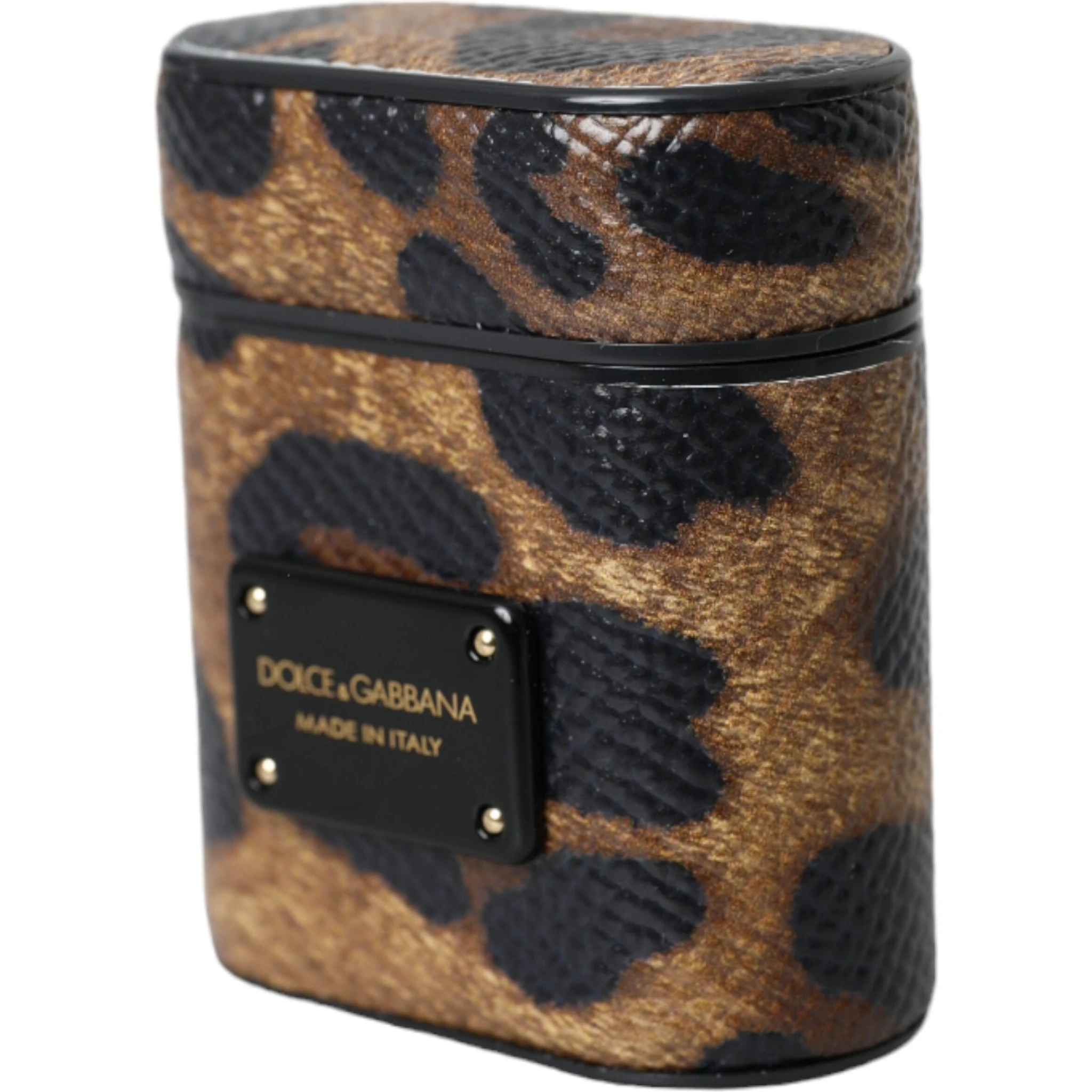 Brown Leopard Calf Leather Metal Logo Plaque Airpods Case
