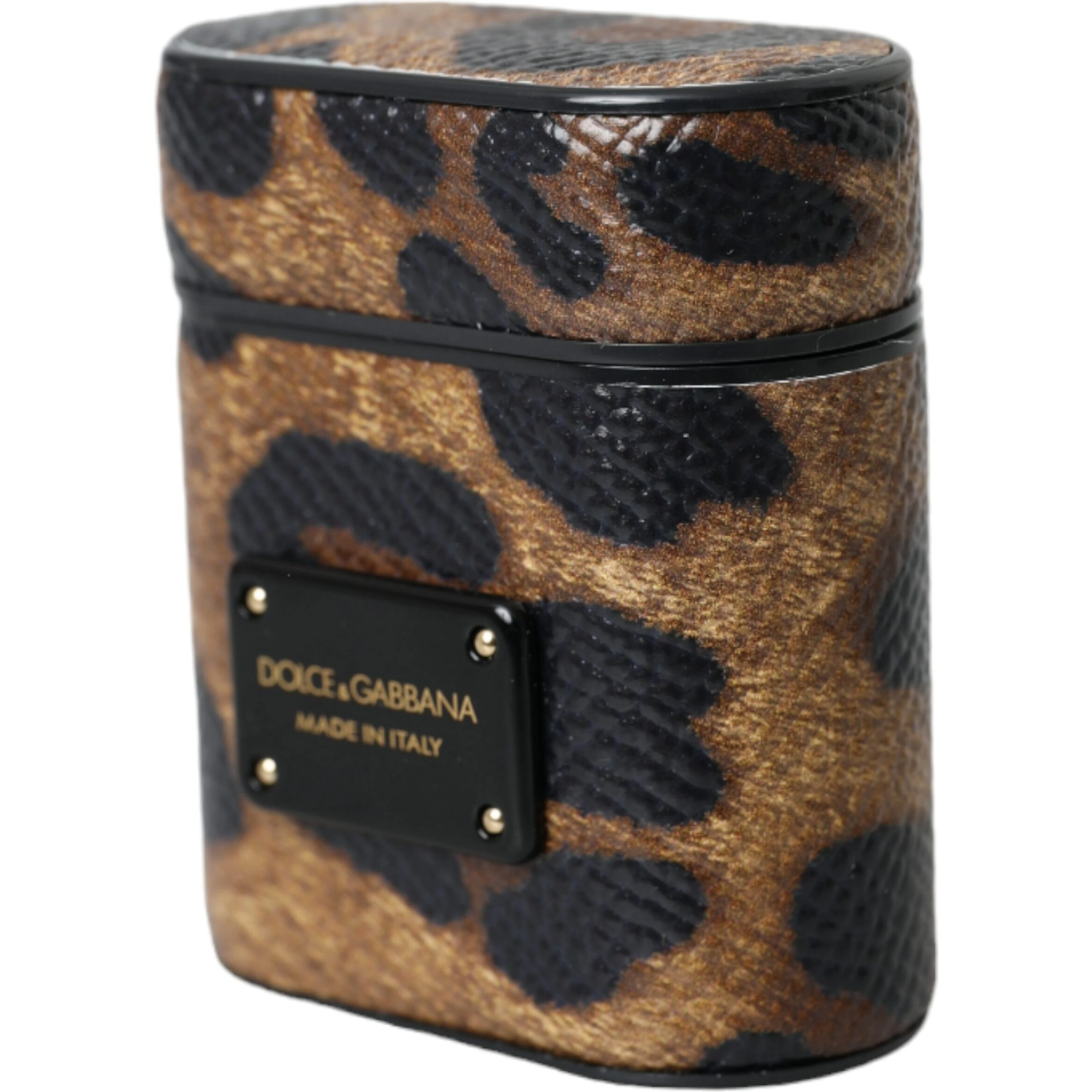 Brown Leopard Calf Leather Metal Logo Plaque Airpods Case