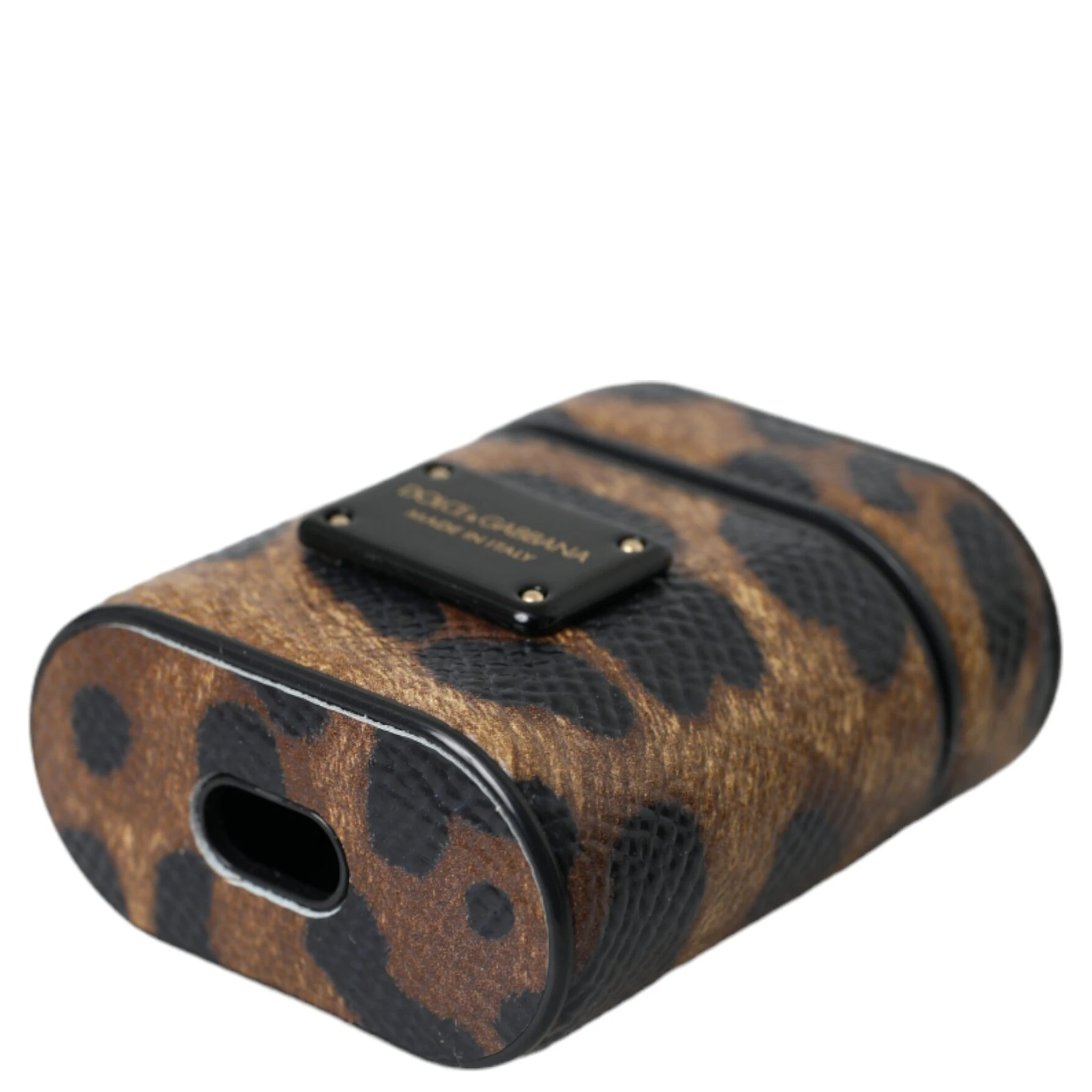 Brown Leopard Calf Leather Metal Logo Plaque Airpods Case