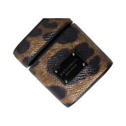 Brown Leopard Calf Leather Metal Logo Plaque Airpods Case