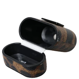Brown Leopard Calf Leather Metal Logo Plaque Airpods Case