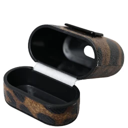 Brown Leopard Calf Leather Metal Logo Plaque Airpods Case