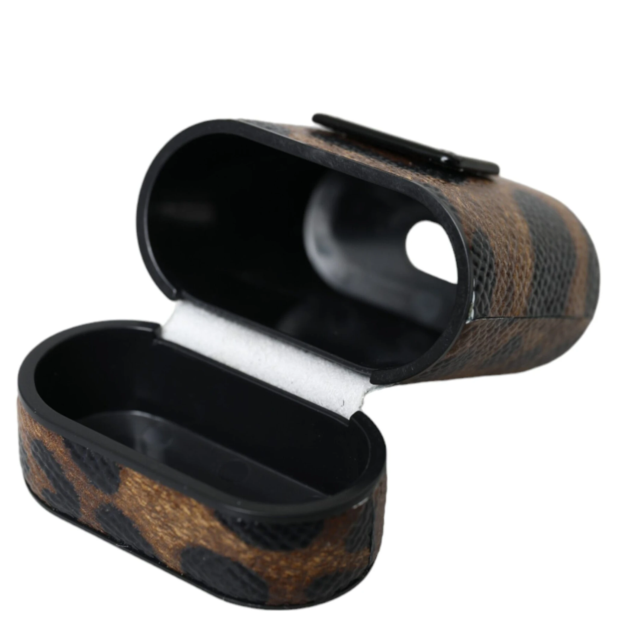 Brown Leopard Calf Leather Metal Logo Plaque Airpods Case