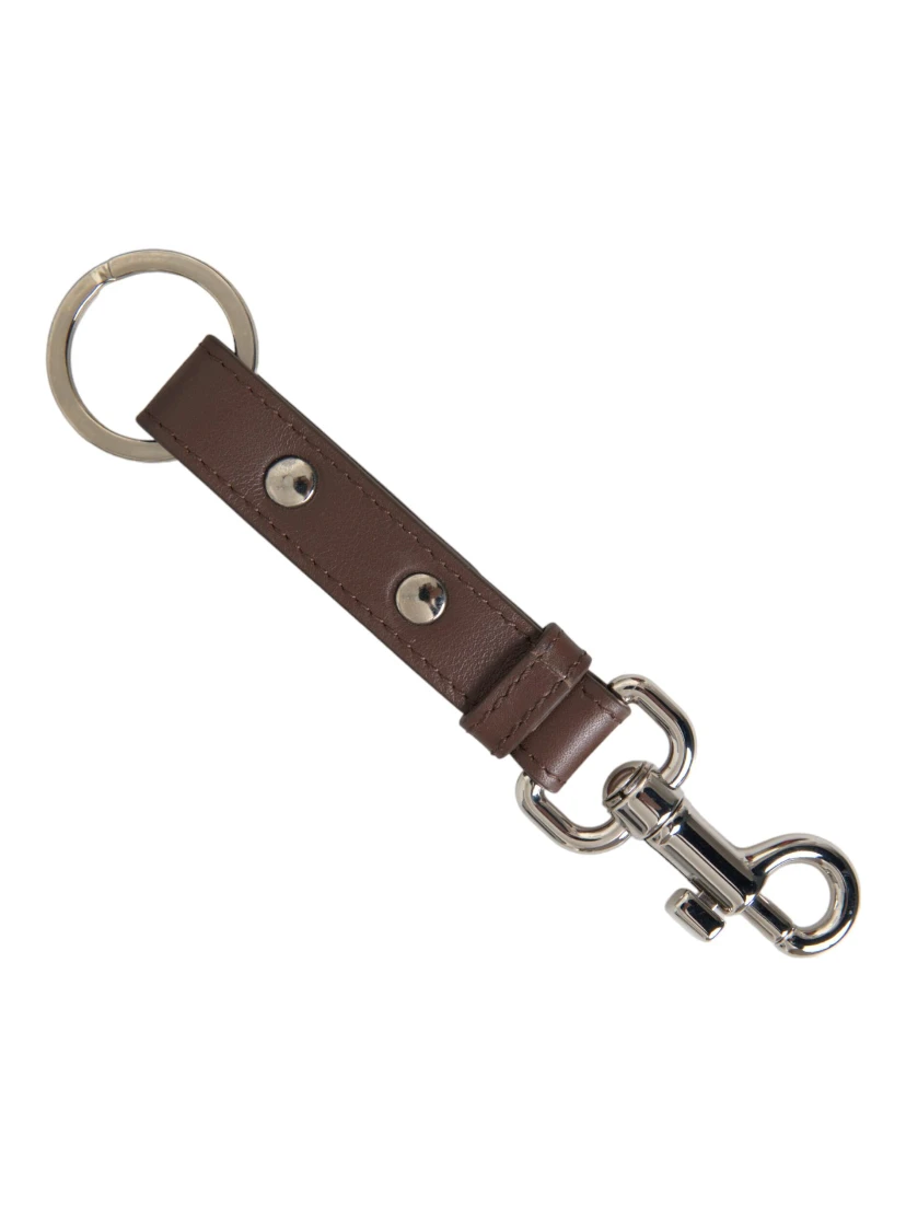 Brown Plain Leather Silver Brass Keyring Holder Keychain