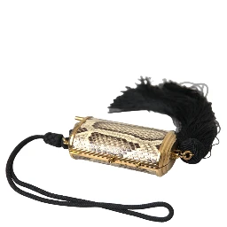 Beige Exotic Leather Mini Mirror Tassel Make Up Holder Bag