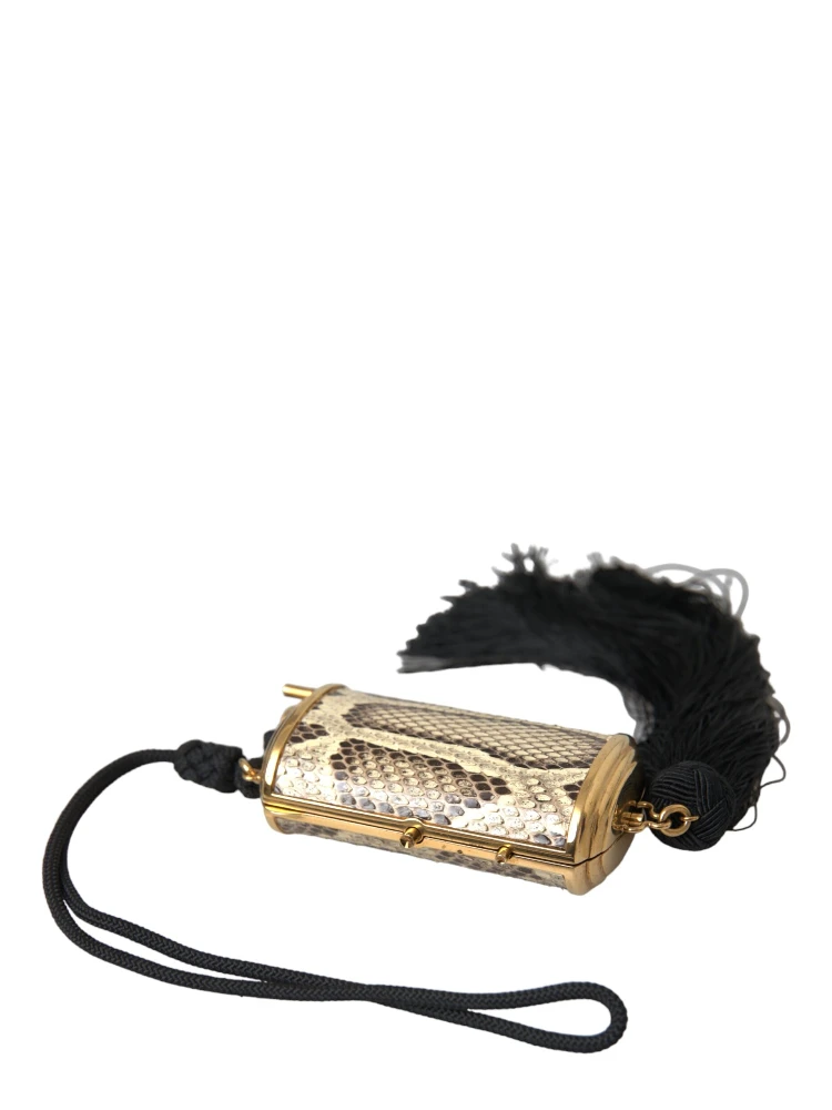 Beige Exotic Leather Mini Mirror Tassel Make Up Holder Bag