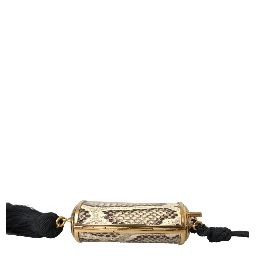 Beige Exotic Leather Mini Mirror Tassel Make Up Holder Bag