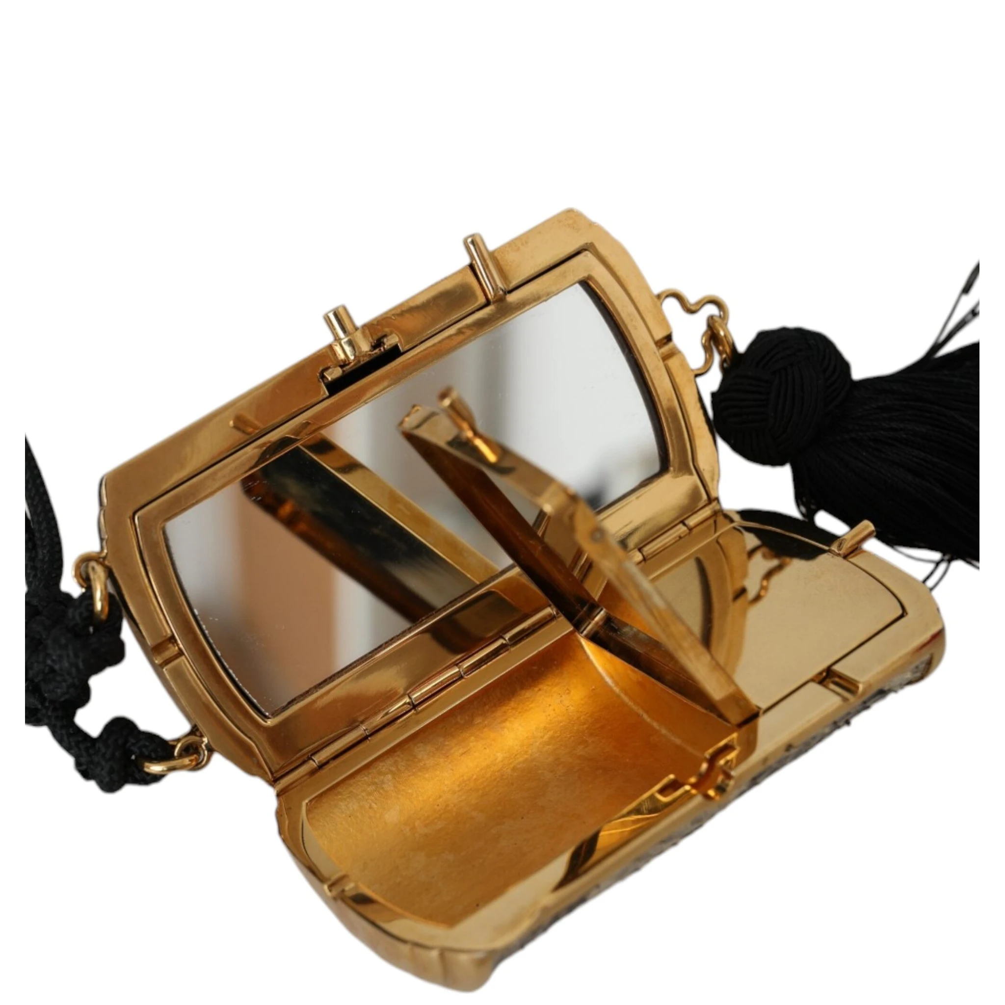 Beige Exotic Leather Mini Mirror Tassel Make Up Holder Bag