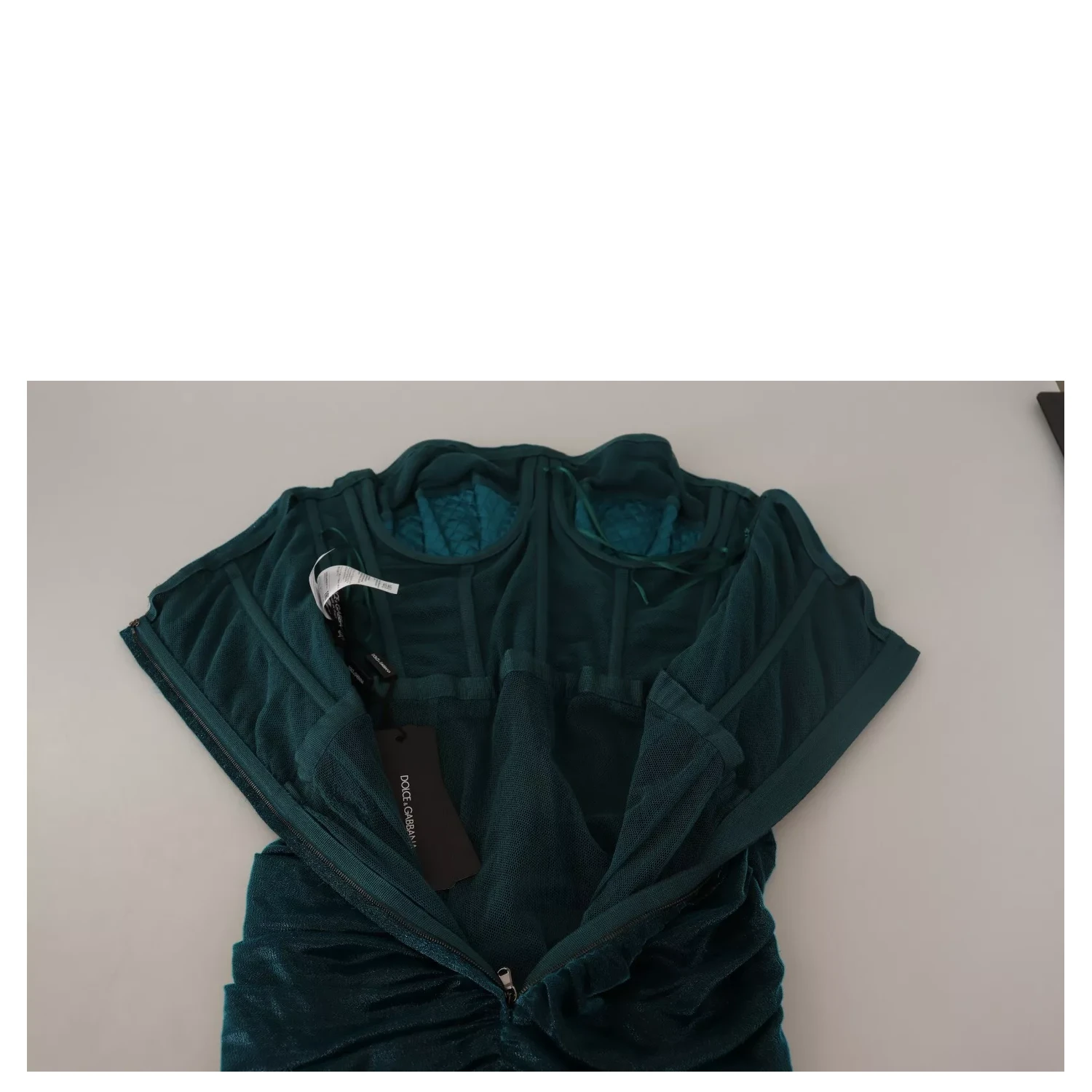 Turquoise Bustier Bodice Draped Midi Dress.