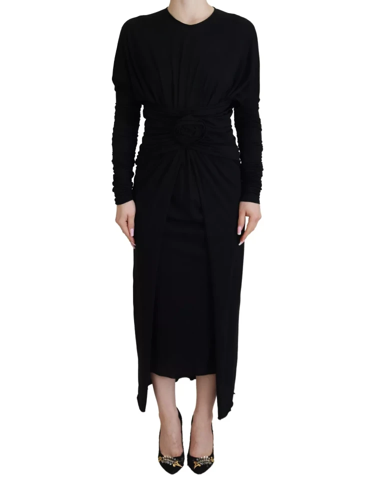 Black Sheath Midi Gown Wool Wrap Dress