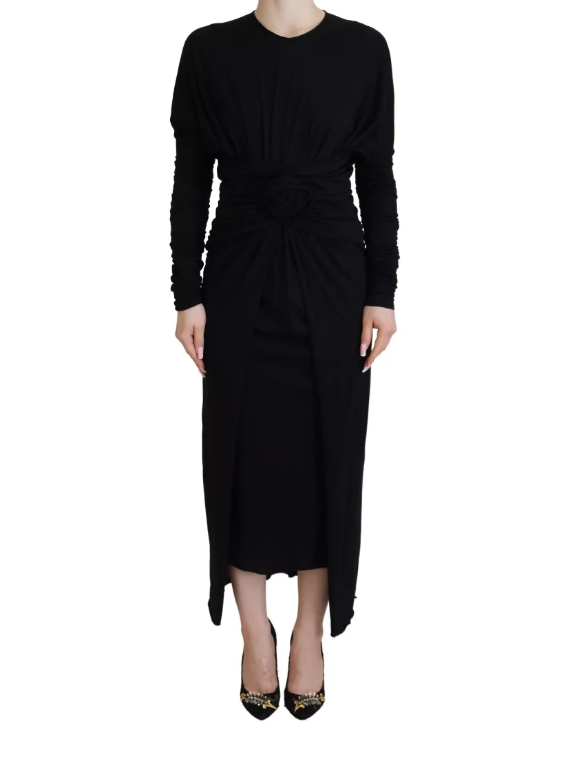 Black Sheath Midi Gown Wool Wrap Dress