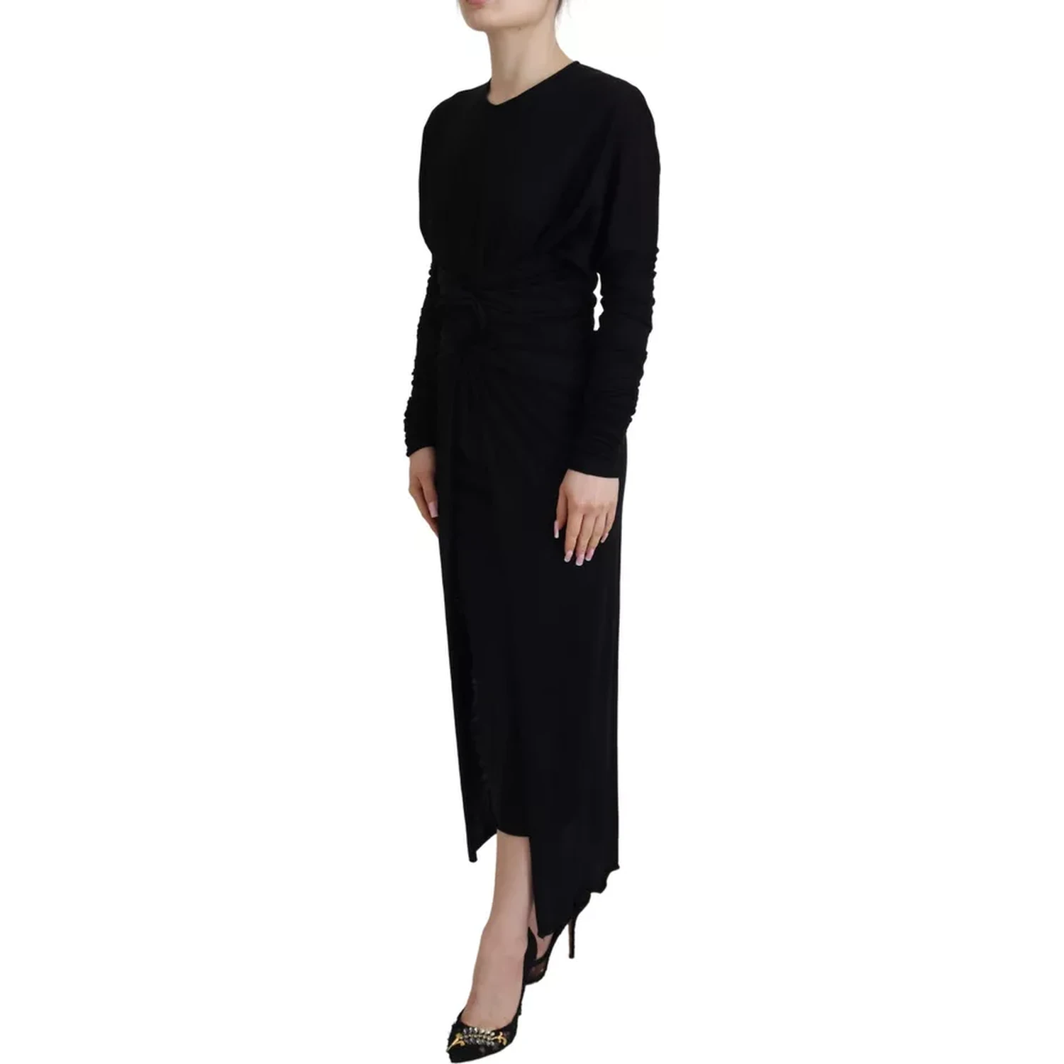 Black Sheath Midi Gown Wool Wrap Dress