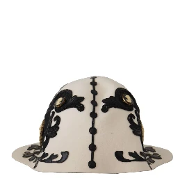 White Black Wool Embroidered Cameo Brooch Hat