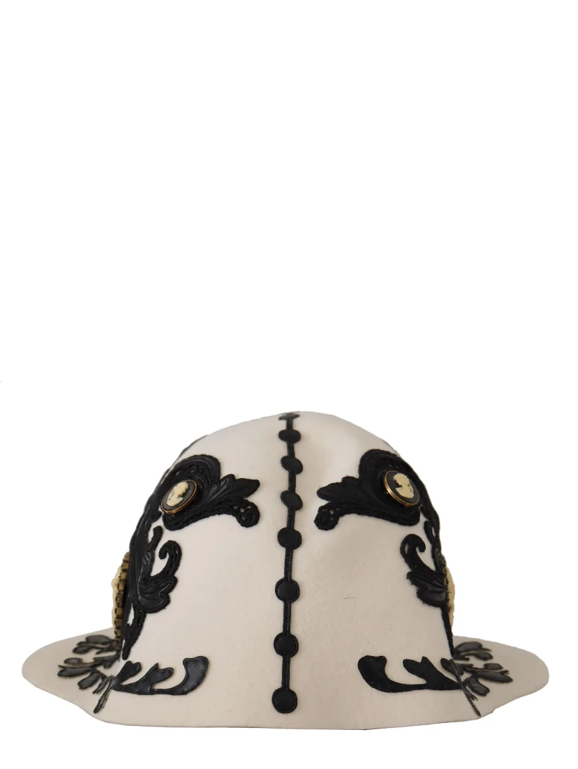 White Black Wool Embroidered Cameo Brooch Hat