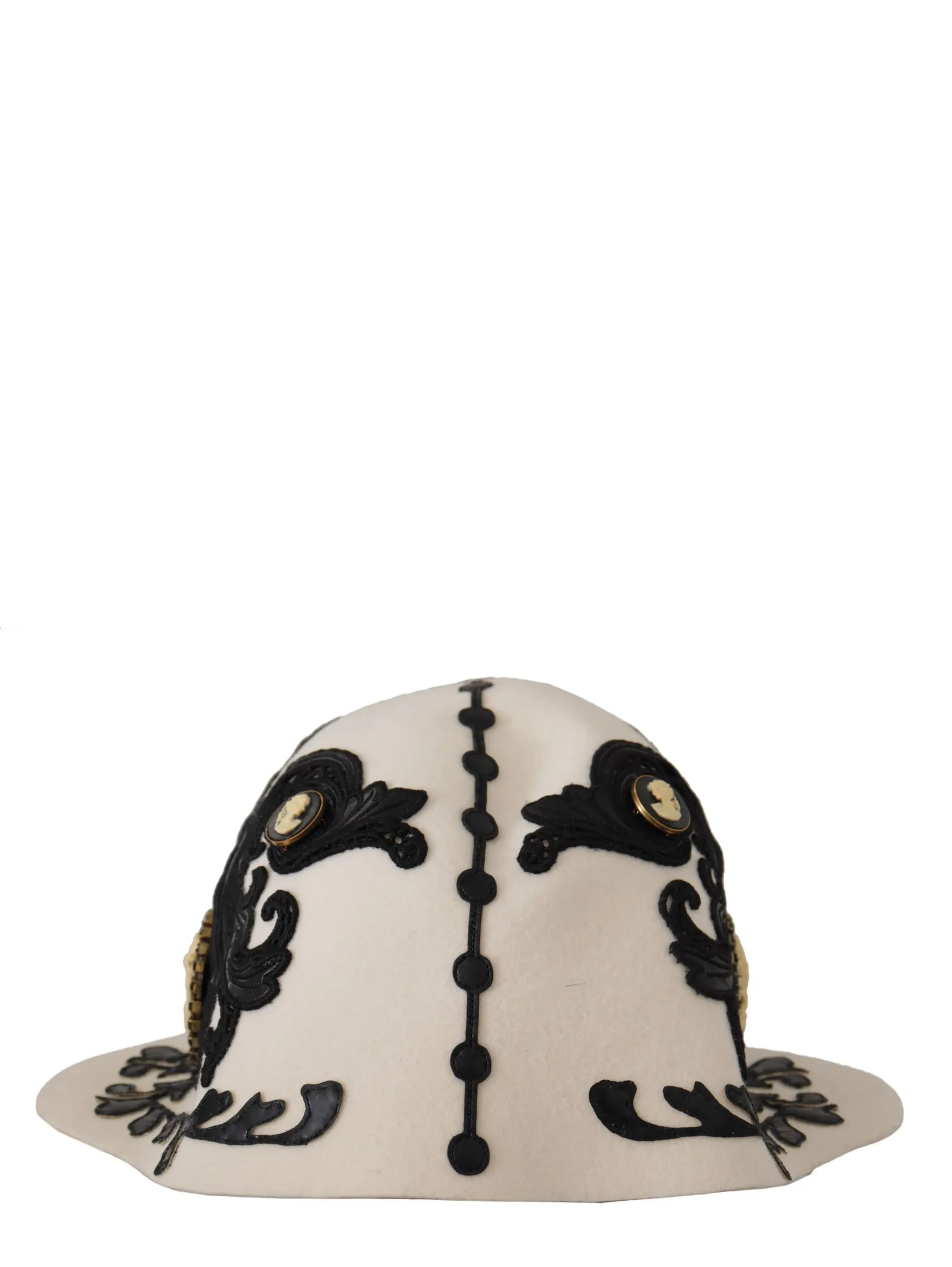 White Black Wool Embroidered Cameo Brooch Hat