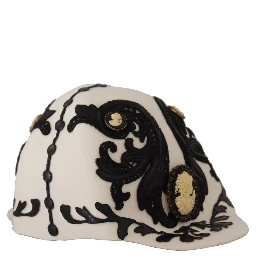 White Black Wool Embroidered Cameo Brooch Hat