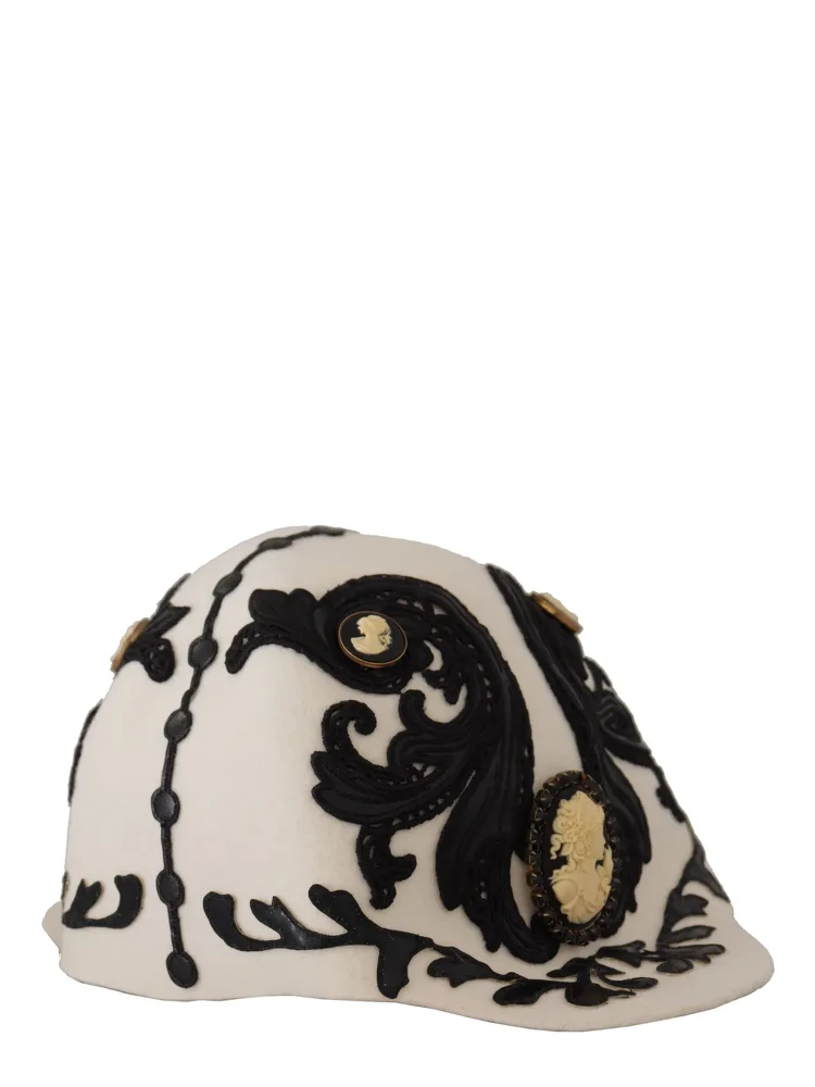 White Black Wool Embroidered Cameo Brooch Hat alternative