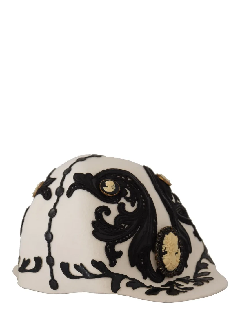 White Black Wool Embroidered Cameo Brooch Hat