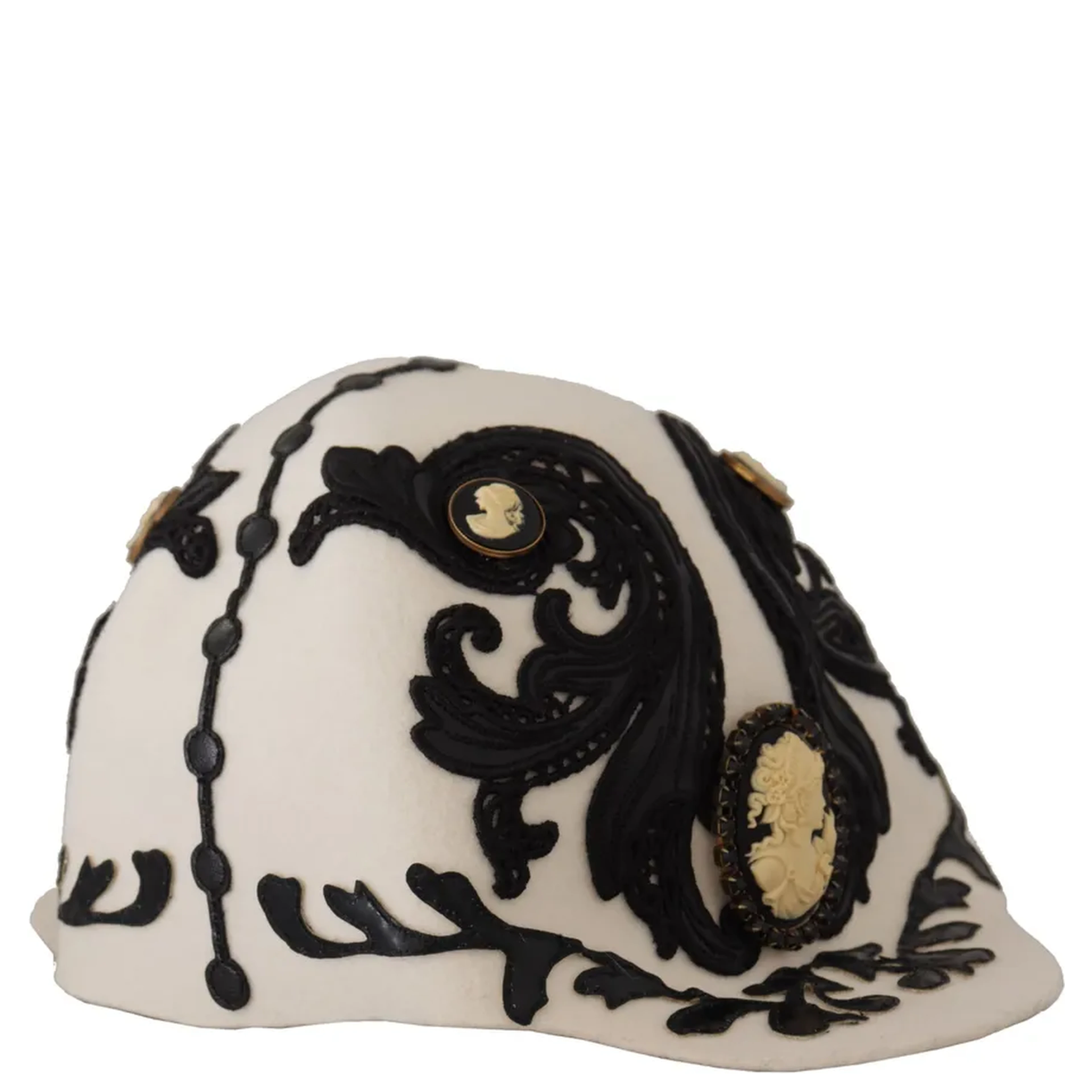 White Black Wool Embroidered Cameo Brooch Hat