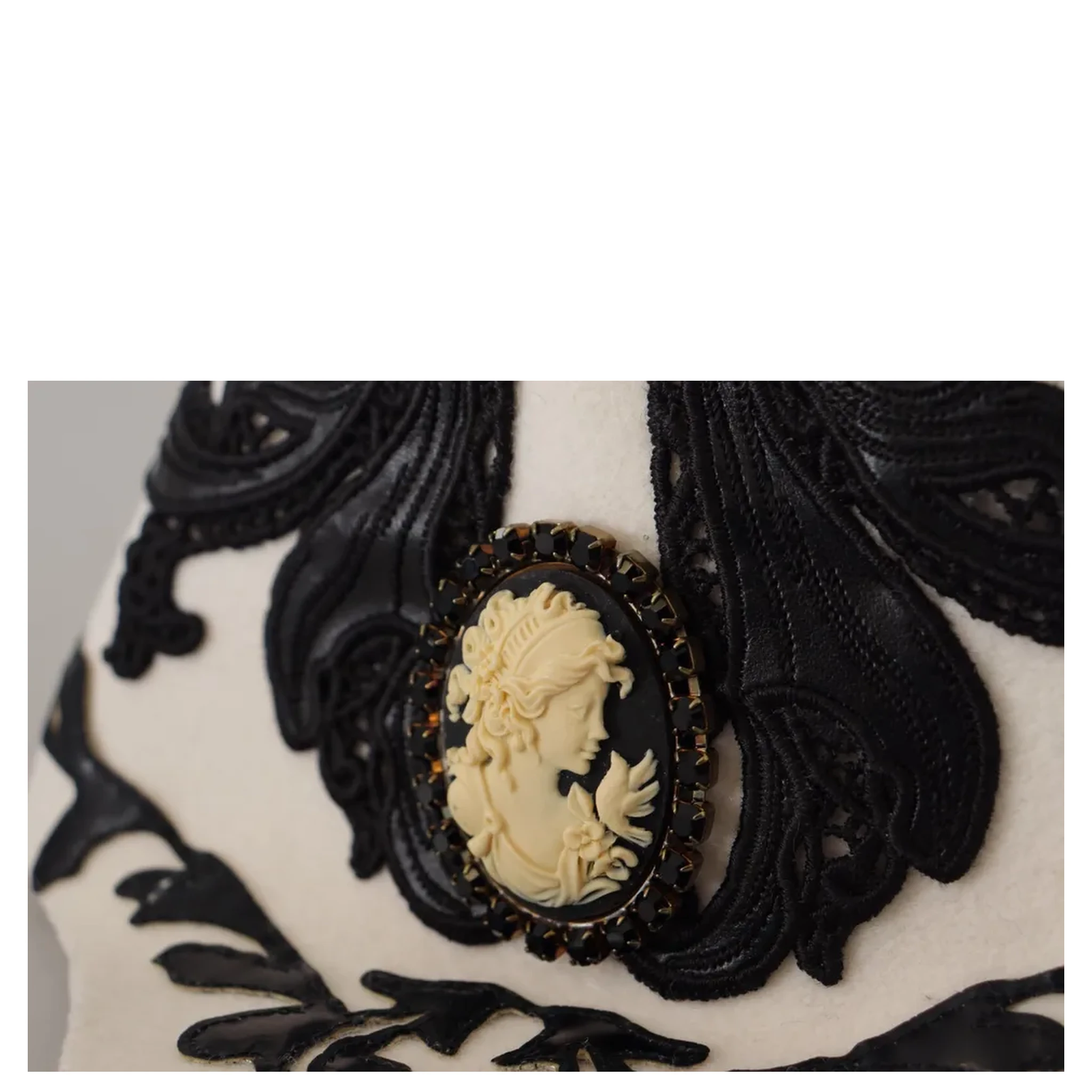 White Black Wool Embroidered Cameo Brooch Hat