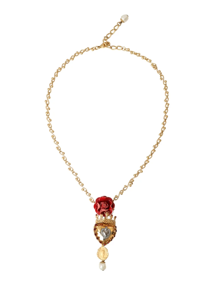 Gold BrassChain Sacred Heart Rose Crystal Charm Necklace