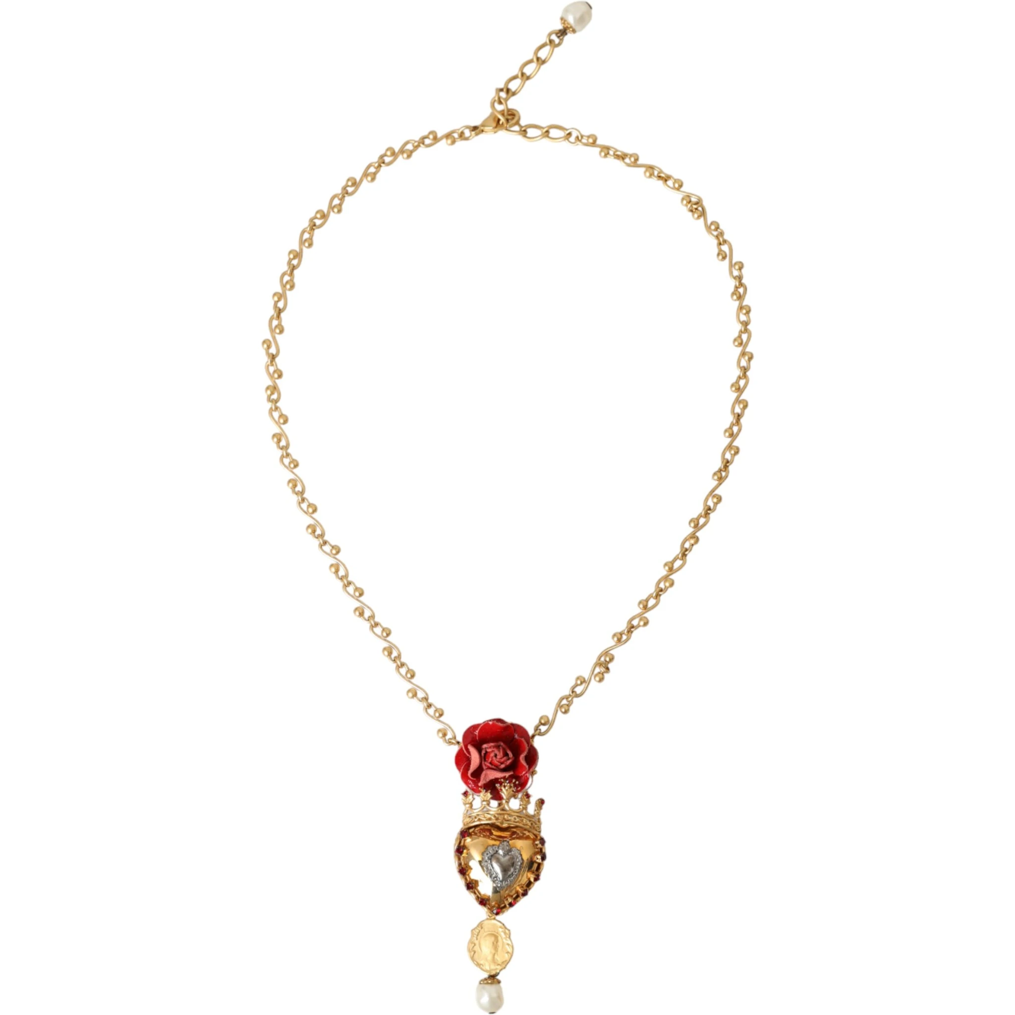 Gold BrassChain Sacred Heart Rose Crystal Charm Necklace
