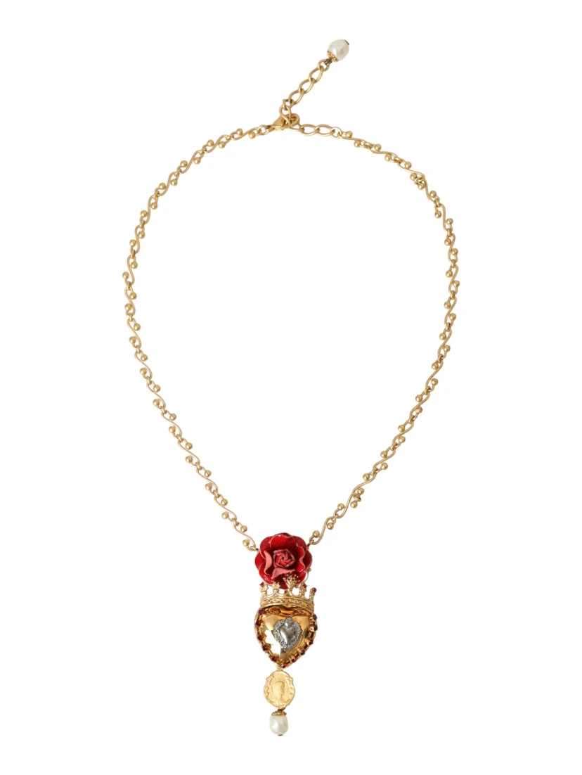 Gold BrassChain Sacred Heart Rose Crystal Charm Necklace