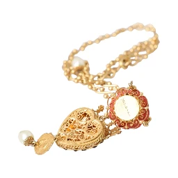 Gold BrassChain Sacred Heart Rose Crystal Charm Necklace
