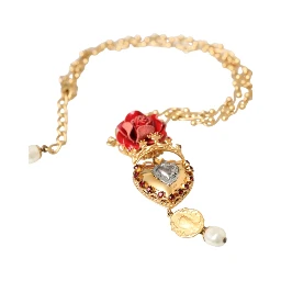 Gold BrassChain Sacred Heart Rose Crystal Charm Necklace